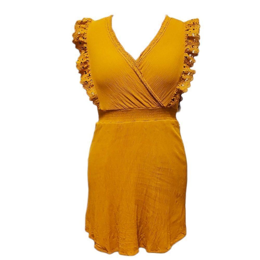 Charming Charlie Lined Mini Dress with Lace Butterfly Sleeve Caps